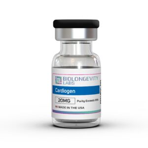Glass vial with capped seal labeled Cardiogen 20MG 99% Purity from Biolongevity Labs.