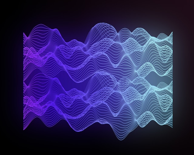 Wireframe waves in luminous purple to cyan gradient create layered undulating patterns with glowing lines against a dark background.