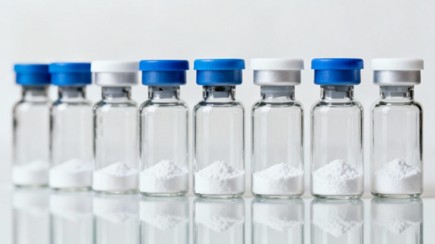 Row of small clear glass lyophilized peptide vials, each containing a white lyophilized substance at the bottom. The vials are sealed tops in alternating colors, mainly blue and white.